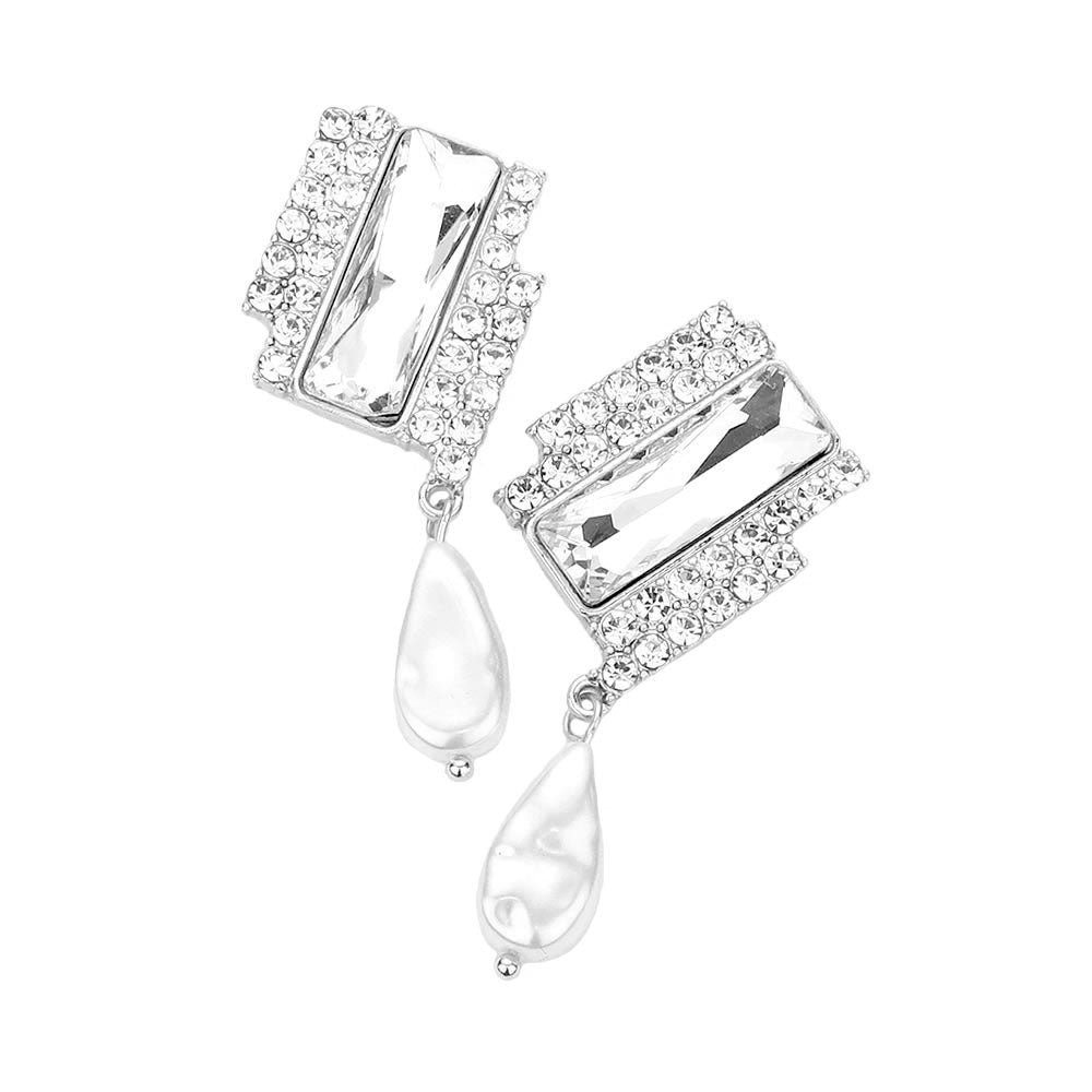 Rhodium Rectangle Stone Freshwater Pearl Dangle Evening Earrings. Look like the ultimate fashionista with these Earrings! Add something special to your outfit ! It will be your new favorite accessory. Perfect Birthday Gift, Anniversary Gift, Mother's Day Gift, Graduation Gift, Prom Jewelry, Just Because Gift, Thank you Gift.