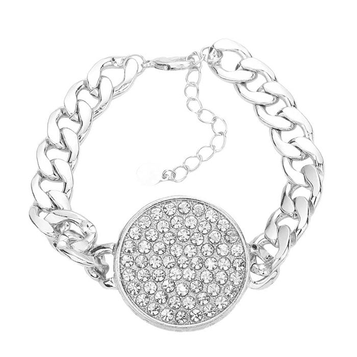 Rhodium Rhinestone Embellished Circle Pendant Metal Link Bracelet. Get ready with these metal link Bracelet, put on a pop of color to complete your ensemble. Perfect for adding just the right amount of shimmer & shine and a touch of class to special events. Perfect Birthday Gift, Anniversary Gift, Mother's Day Gift, Graduation Gift.