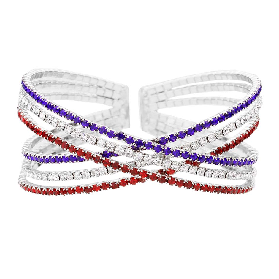 Rhodium Rhinestone Embellished Crisscross Cuff Evening Bracelet, add a statement to your outfit with this beautiful accessory. It has vibrant colors of the beautiful American flag. Perfect of any time day/night, ideal for election day, national holidays, show your love for this country with some sparkle.