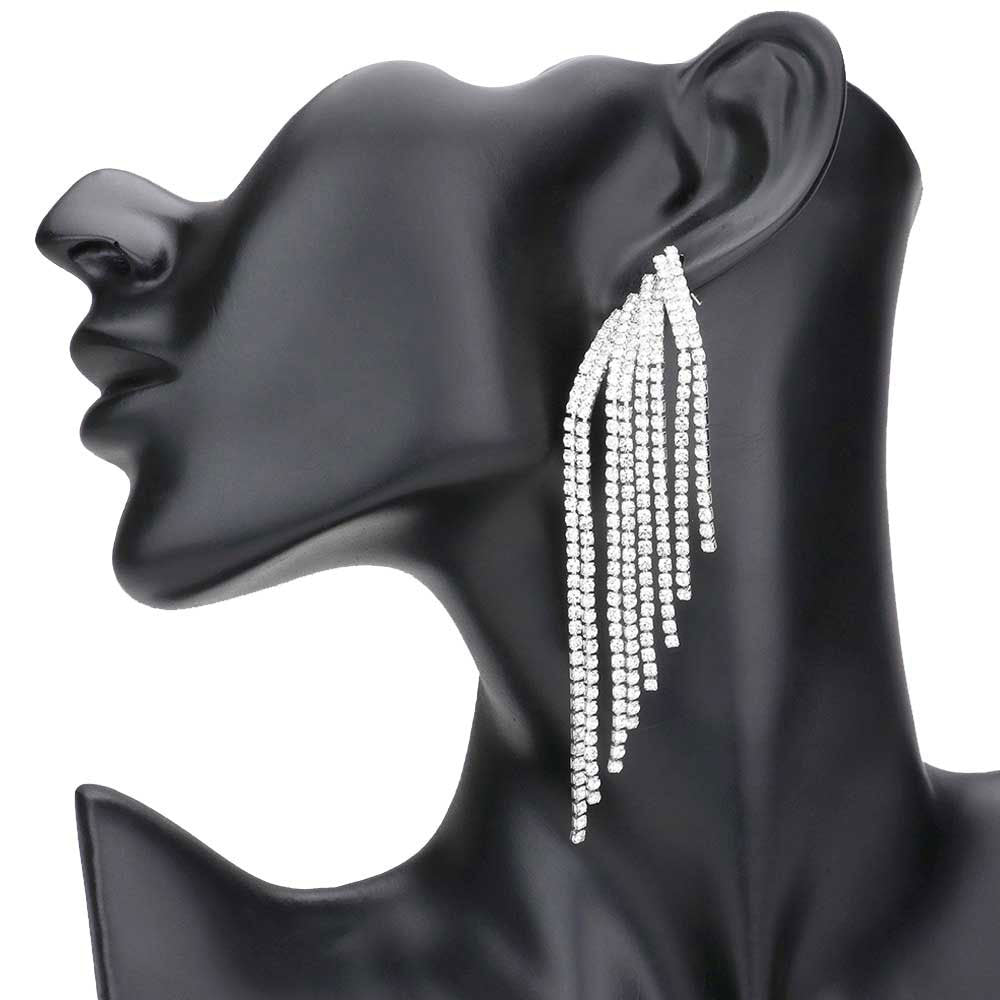 Rhodium Rhinestone Fringe Dangle Evening Earrings. These earrings Look as regal on the outside as you feel on the inside, feel absolutely flawless. Fabulous fashion and sleek style adds a pop of pretty color to your attire, coordinate with any ensemble from business casual to everyday wear. Perfect Birthday Gift, Anniversary Gift, Mother's Day Gift, Thank you Gift.