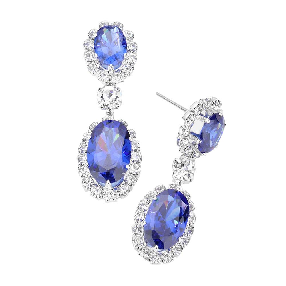 Rhodium Sapphire CZ Double Oval Accented Dangle Evening Earrings. Beautifully crafted design adds a gorgeous glow to any outfit. Jewelry that fits your lifestyle! Perfect Birthday Gift, Anniversary Gift, Mother's Day Gift, Anniversary Gift, Graduation Gift, Prom Jewelry, Just Because Gift, Thank you Gift.