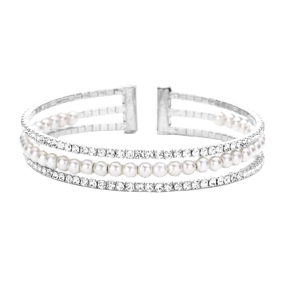 Wedding Pearl Accented Rhinestone Cuff Bracelet