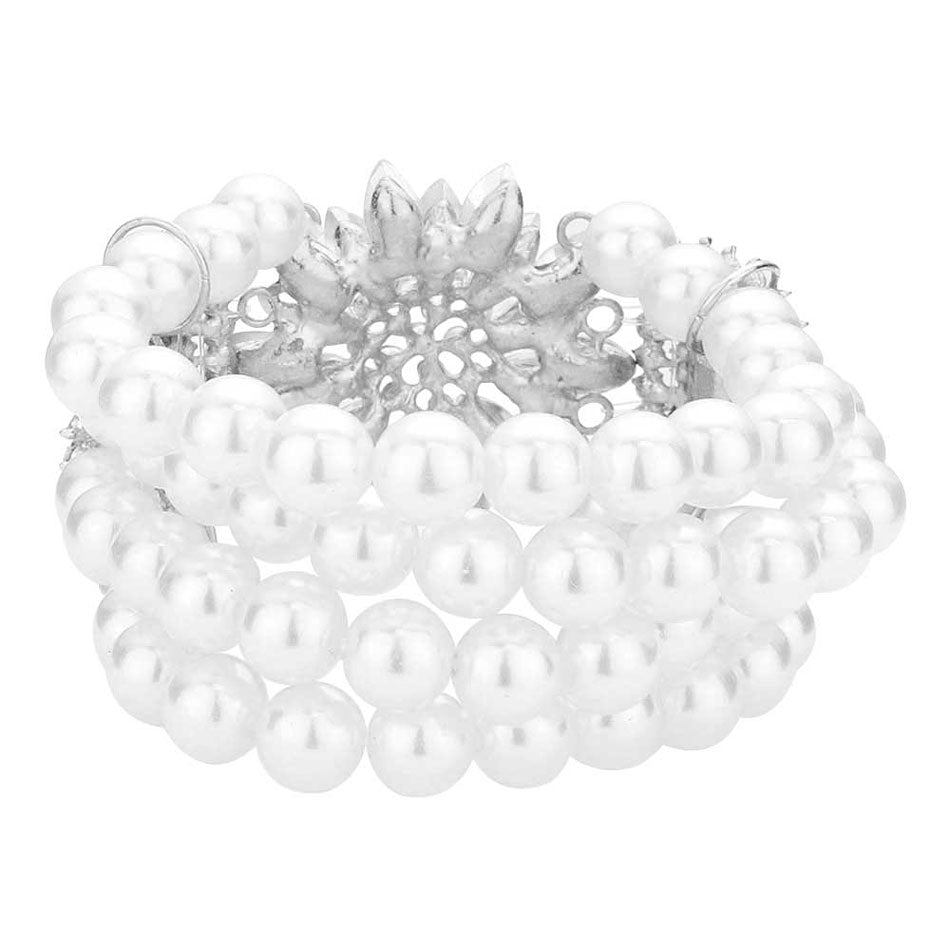 Rhodium White Flower Stone Embellished Pearl Stretch Bracelet. Get ready with these flower themed Bracelet, put on a pop of color to complete your ensemble. Perfect for adding just the right amount of shimmer & shine and a touch of class to special events. just what you need to update your wardrobe .Perfect Birthday Gift, Anniversary Gift, Mother's Day Gift, Mom Gift, Thank you Gift, Just Because Gift, Daily Wear.