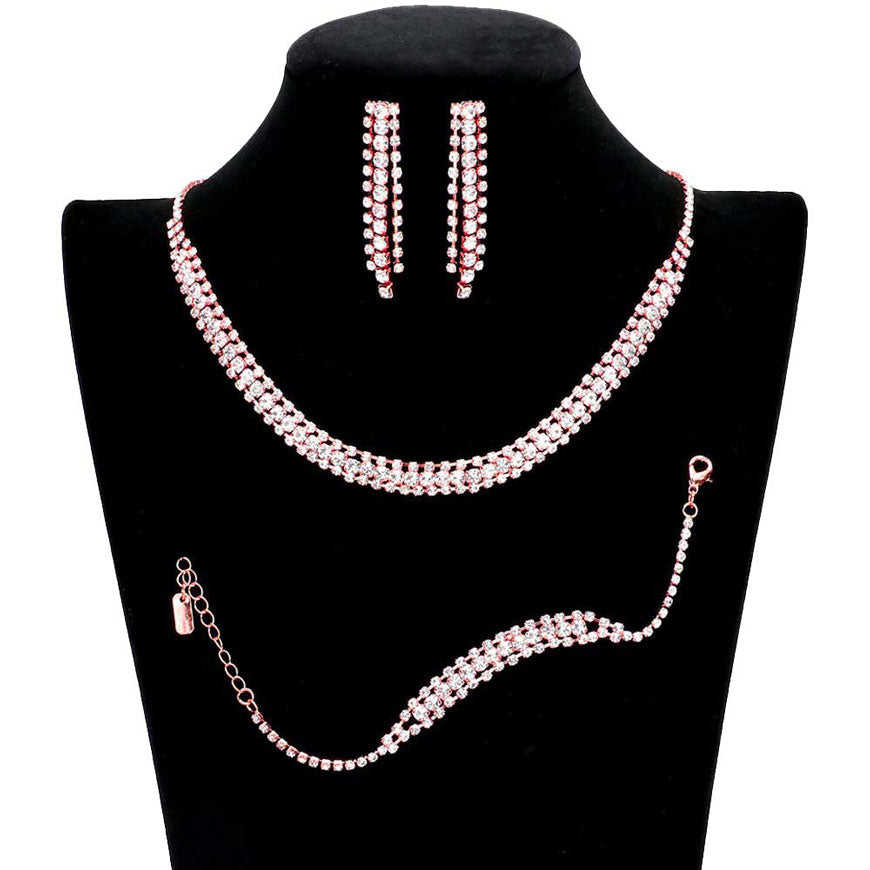 Rose Gold 3PCS Rhinestone Necklace Jewelry Set. These Necklace jewelry sets are Elegant. Beautifully crafted design adds a gorgeous glow to any outfit. Jewelry that fits your lifestyle! Perfect Birthday Gift, Valentine's Gift, Anniversary Gift, Mother's Day Gift, Anniversary Gift, Graduation Gift, Prom Jewelry, Just Because Gift, Thank you Gift.