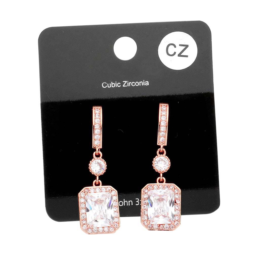Rose Cz Emerald Cut Accented Dangle Evening Earrings, wear these intricate earrings to stand out and be trendy this season on any special occasion! The perfect set of sparkling earrings adds a sophisticated & stylish glow to any outfit. They dangle on your earlobes to show the perfect beauty with confidence on any special occasion. Perfect Birthday, Anniversary, Mother's Day, Graduation, Prom Jewelry, Just Because, Thank you, Valentine's Day, etc. Show your perfect beauty!