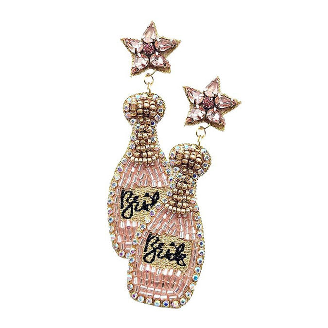 Rose Gold Felt Back Bride Champagne Bottle Beaded Dangle Earrings, beaded handcrafted jewelry that fits your lifestyle, Dangle earring add extra special to your outfit! Enhance your attire with these beautiful artisanal wedding & bridal themed earrings to show off your fun trendsetting style. Lightweight and comfortable for wearing. Perfect for wearing to Christmas parties, or if you just want to be festive during the occasion.