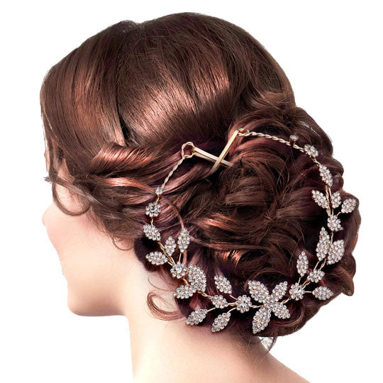 Rose Gold Rhinestone Embellished Leaf Cluster Vine Bun Wrap Headpiece. Perfect for adding just the right amount of shimmer & shine, will add a touch of class, beauty and style to your wedding, prom, special events, embellished glass crystal to keep your hair sparkling all day & all night long
