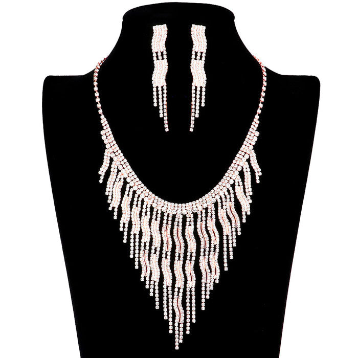 Rose Gold Wavy Fringe Crystal Rhinestone Necklace, Stunning wavy crystal chain suits any style and occasion wear over your favorite tops and dresses this season! Adds the perfect accent to your wardrobe. A timeless treasure designed to accent the neckline adds a gorgeous stylish glow to any outfit style, jewelry that fits your lifestyle! This piece is versatile and goes with practically anything! Fabulous gift, ideal for your loved one or yourself.