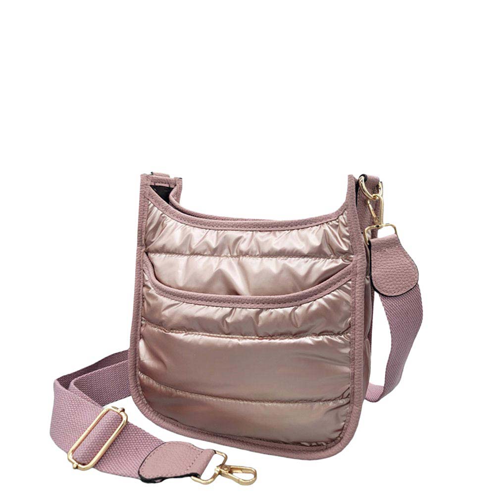 Rose Gold Solid Quilted Shiny Puffer Mini Crossbody Bag, Complete the look of any outfit on all occasions with this Shiny Puffer Mini Crossbody. these mini bag offers enough room for your essentials. With a One Inside Zipper Pocket, three two inside slip pockets and a secured Magnetic Closure at the top, this bag will be your new go to! These beautiful and trendy Crossbody have adjustable and detachable hand straps that make your life more comfortable.
