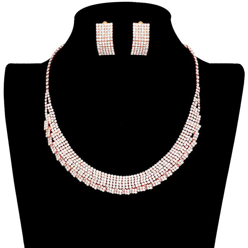 Rose Gold Trendy Crystal Rhinestone Pave Collar Necklace Earring Set. Stunning jewellery sets suits any style and occasion wear over your favorite tops and dresses this season! Adds the perfect accent to your wardrobe. A timeless treasure designed to accent the neckline adds a gorgeous stylish glow to any outfit style, jewelry that fits your lifestyle! This piece is versatile and goes with practically anything! Fabulous gift, ideal for your loved one or yourself.