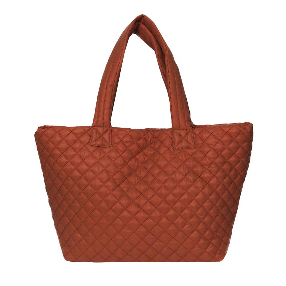 Rust Quilted Padded Puffer Tote Bag, has plenty of room to carry all your handy items with ease. Trendy and beautiful bag that amps up your outlook while carrying. Great for different activities including quick getaways, holidays, Shopping, beach, or even going outdoors! This tote bag features a top zipper closure for security that makes your life easier and trendier. Its catchy and awesome appurtenance drags everyone's attraction to you.