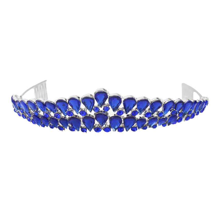 Sapphire Crystal Teardrop Cluster Pageant Queen Tiara, Perfect for adding just the right amount of shimmer & shine, will add a touch of class, beauty and style to your hair sparkling all day & all night long.