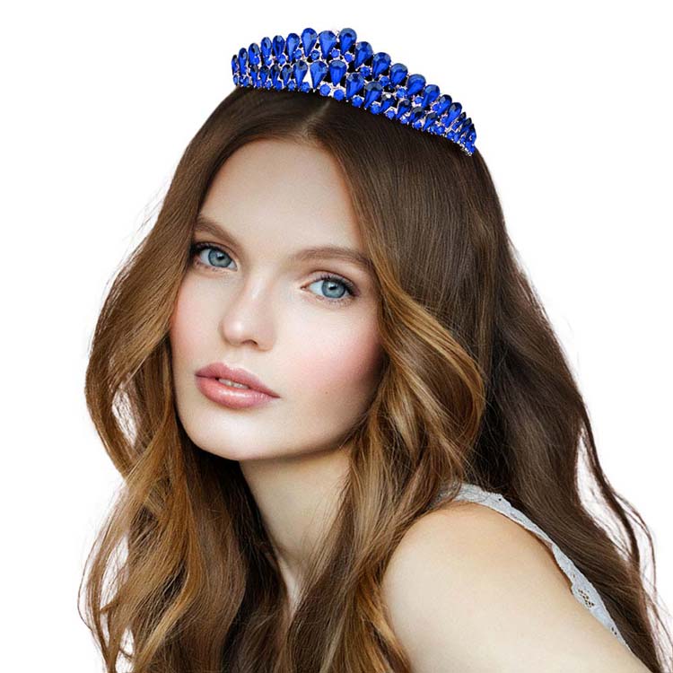 Sapphire Crystal Teardrop Cluster Pageant Queen Tiara, Perfect for adding just the right amount of shimmer & shine, will add a touch of class, beauty and style to your hair sparkling all day & all night long.