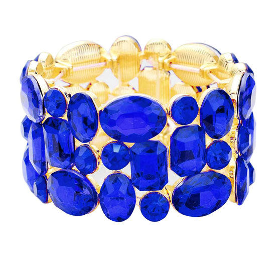 Sapphire Glass Crystal Stretch Evening Bracelet. This Evening Bracelet sparkles all around with it's surrounding round stones, stylish evening bracelet that is easy to put on, take off and comfortable to wear. It looks stylish and is just the right touch to set off your dress. Suitable for Night Out, Party, Formal, Special Occasion, Date Night, Prom.
