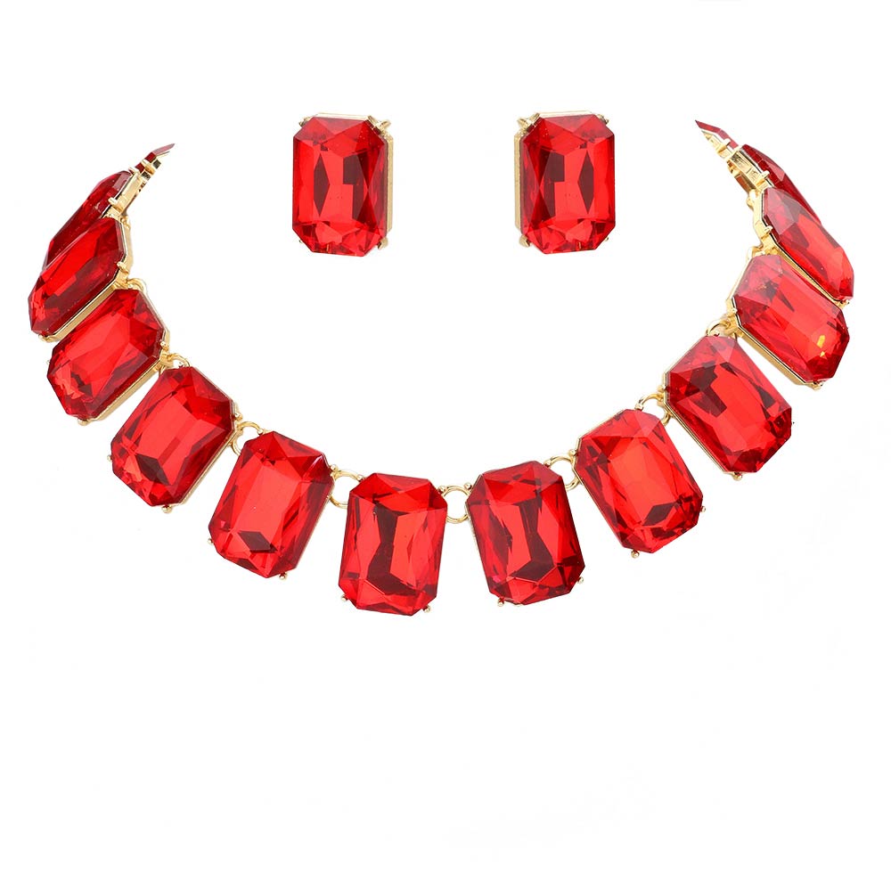 Siam Emerald Cut Stone Link Evening Necklace, This gorgeous necklace jewelry set will show your class on any special occasion. The elegance of these stones goes unmatched, great for wearing at a party! stunning jewelry set will sparkle all night long making you shine like a diamond on special occasions. Perfect jewelry to enhance your look and for wearing at parties, weddings, date nights, or any special event.