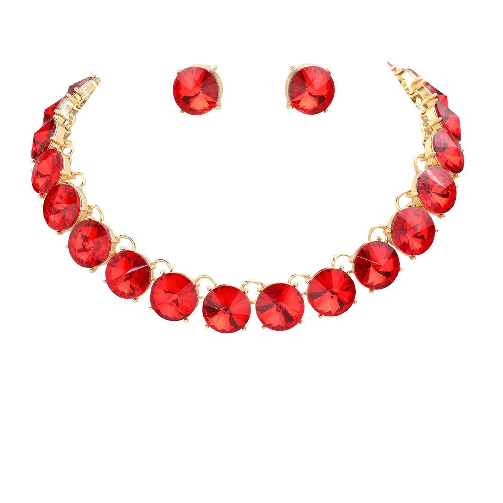 Siam Round Stone Link Evening Necklace, This gorgeous necklace jewelry set will show your class on any special occasion. The elegance of these stones goes unmatched, great for wearing at a party! Stunning jewelry set will sparkle all night long making you shine like a diamond on special occasions. Perfect jewelry to enhance your look and for wearing at parties, weddings, date nights, or any special event.