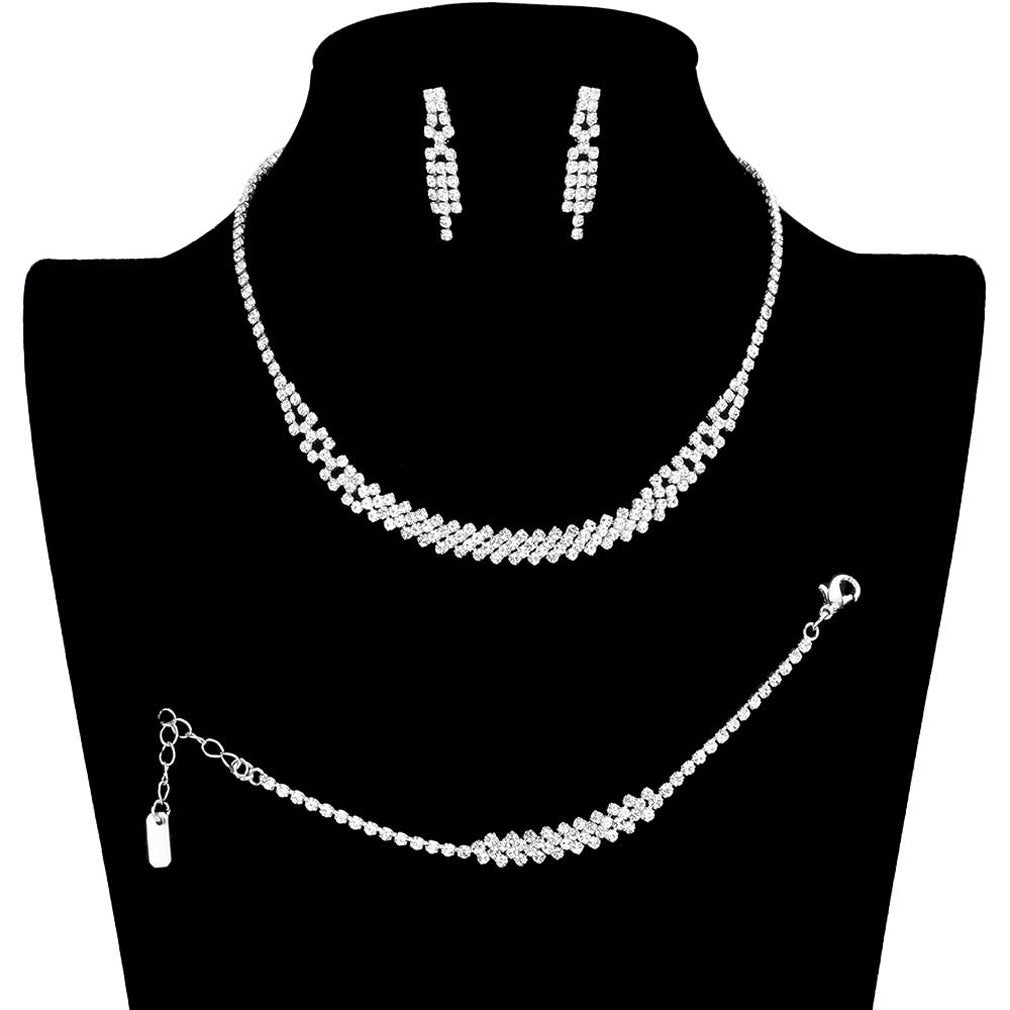 Silver 3PCS Rhinestone Crystal Pave Necklace Jewelry Set, these gorgeous rhinestone crystal jewelry sets will show your class on any special occasion. The elegance of this rhinestone crystal necklace goes unmatched, great for wearing at a party! Perfect for adding just the right amount of shimmer & shine and a touch of class everywhere. Stunning jewelry sets suits any style and occasion wear over your favorite tops and dresses this season!