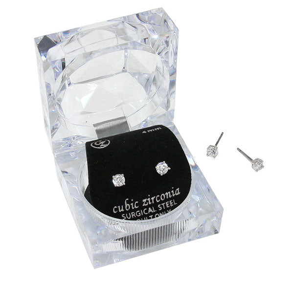4mm Round Crystal Cubic Zirconia Stud Earrings in Clear Gift Box - Ready to Gift