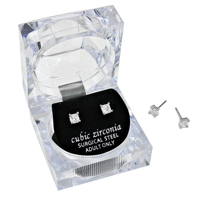 Silver 4 mm Square Crystal Cubic Zirconia CZ Stud Earrings, Classic earrings that every girl needs in her jewelry box. This cubic zirconia earrings are made for you, Crystal stunning sparkle that captures everyone's attention. They are beautiful, bright and amazing to look at. They are the perfect alternative to real diamonds, they look great and feel great in your ears. Give a touch of casual style to your night out.