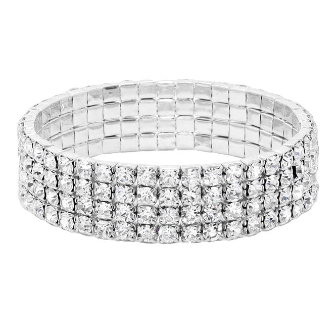 Silver 4Rows Rhinestone Stretch Evening Bracelet, This Rhinestone Stretch Bracelet sparkles all around with it's surrounding round stones, stylish stretch bracelet that is easy to put on, take off and comfortable to wear. It looks modern and is just the right touch to set off LBD. Perfect jewelry to enhance your look. Awesome gift for birthday, Anniversary, Valentine’s Day or any special occasion.