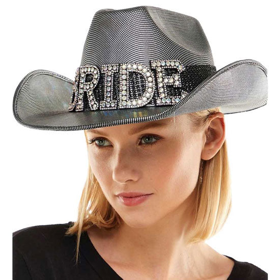 Silver Bride Silver Cowboy Hat. This hat with Bridal Message is Open top design offers great ventilation and heat dissipation. Features a roll-up function; incredibly convenient as it is foldable for easy storage or for taking on the go while traveling. This Summer sun hat is perfect for walking along the beach, Wedding, hanging by the pool, or any other outdoor activities.