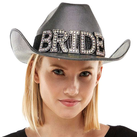 Silver Bride Silver Cowboy Hat. This hat with Bridal Message is Open top design offers great ventilation and heat dissipation. Features a roll-up function; incredibly convenient as it is foldable for easy storage or for taking on the go while traveling. This Summer sun hat is perfect for walking along the beach, Wedding, hanging by the pool, or any other outdoor activities.
