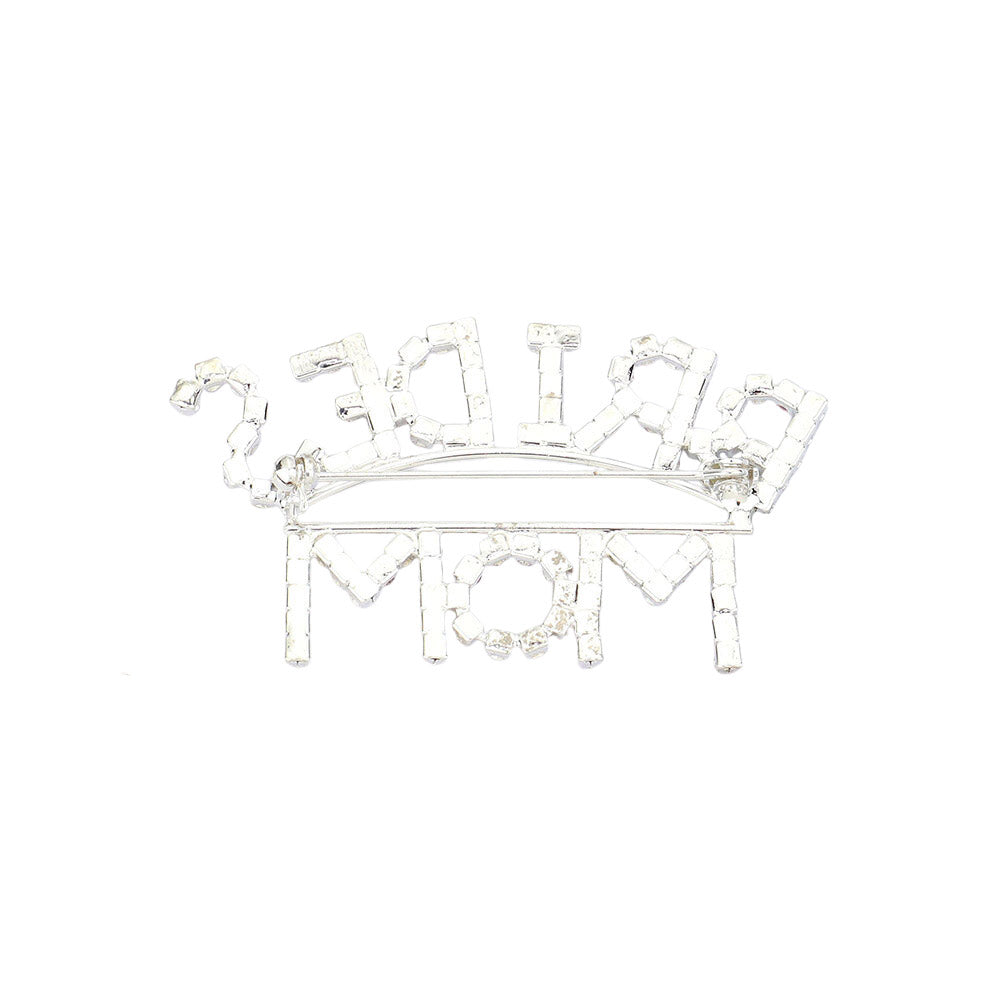 Silver Brides Mom Rhinestone Pin Brooch, let Mom stand out and feel special with this stylish pin brooch. Everyone will know who the proud mother is when wearing this stunner! The stunning brooch is embellished with rhinestones making up the words brides mom. This pin is sure to let moms feel even more special on their wedding day.