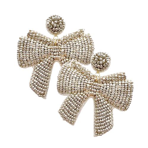 Silver Seed Bead Bow Dangle Earrings. Christmas Earrings get ready with these bright post back earrings, put on a pop of color to complete your ensemble. Perfect for adding just the right amount of shimmer & shine and a touch of class to special events. Perfect Birthday Gift, Anniversary Gift, Mother's Day Gift.