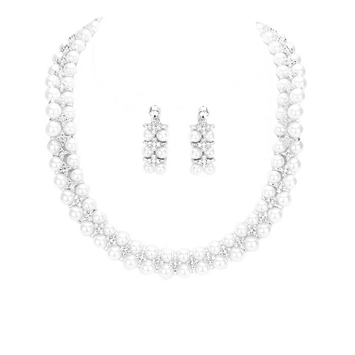 Silver Crystal Rhinestone Pearl Cluster Bib Necklace. Beautifully crafted design adds a gorgeous glow to any outfit. Jewelry that fits your lifestyle! Perfect Birthday Gift, Anniversary Gift, Mother's Day Gift, Graduation Gift, Prom Jewelry, Just Because Gift, Thank you Gift for a woman or girl of any age.