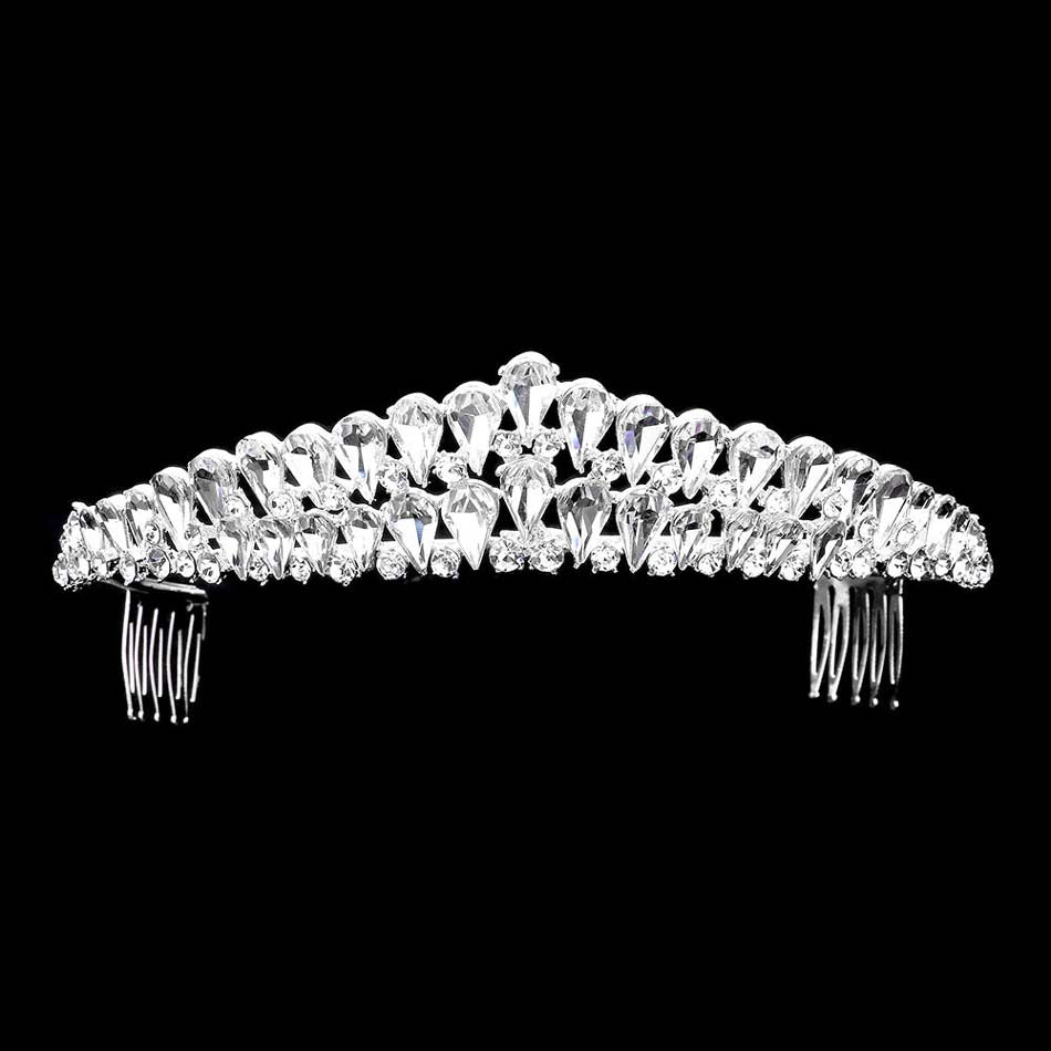 Silver Crystal Teardrop Cluster Pageant Queen Tiara, Perfect for adding just the right amount of shimmer & shine, will add a touch of class, beauty and style to your hair sparkling all day & all night long.