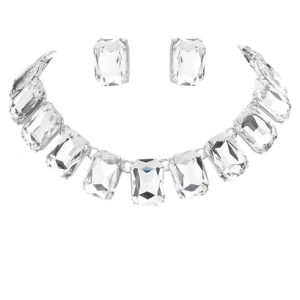 Silver Emerald Cut Stone Link Evening Necklace, This gorgeous necklace jewelry set will show your class on any special occasion. The elegance of these stones goes unmatched, great for wearing at a party! stunning jewelry set will sparkle all night long making you shine like a diamond on special occasions. Perfect jewelry to enhance your look and for wearing at parties, weddings, date nights, or any special event.