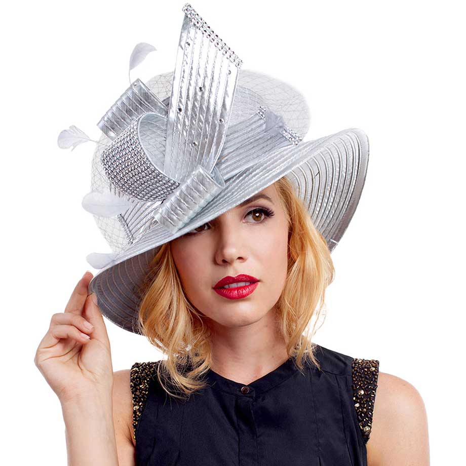 Silver Feather Crystal Detail Metallic Satin Hat, is an elegant and high fashion accessory for your modern couture. Unique and elegant hats, family, friends, and guests are guaranteed to be astonished by this feather crystal satin hat. The fascinator hat with exquisite workmanship is soft, lightweight, skin-friendly, and very comfortable to wear. The trendy and stunning style adds a touch of ethereal fairytale sparkle to your, which makes you more charming in the crowd.