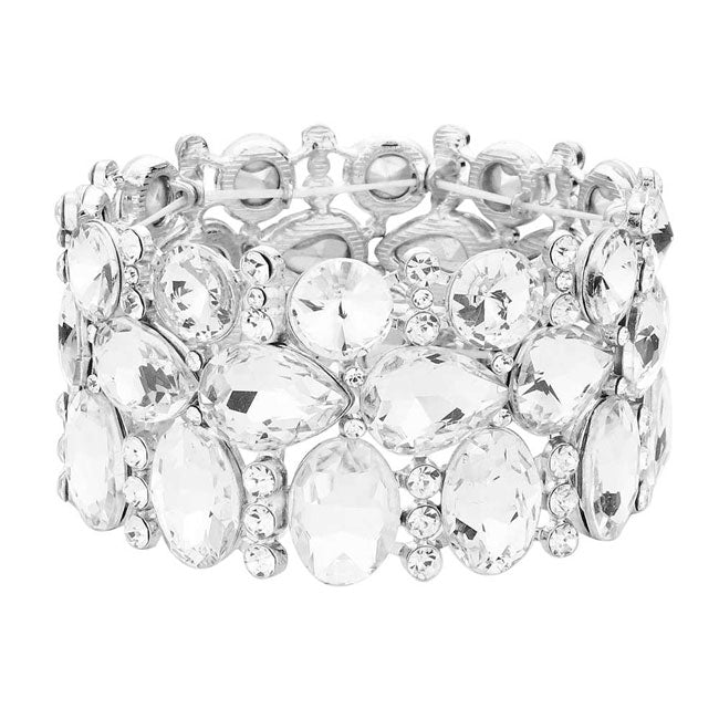 Silver Multi Stone Cluster Evening Stretch Bracelet classy glass bracelet adds a gorgeous glow to your special occasion ensemble for a polished look. Birthday Gift, Anniversary, Valentine's Day, Christmas, Navidad, Cumpleanos, Mother's Day, Prom, Wedding Bridal, Quinceanera, Sweet 16, Novias, Dia de Madre, Novia