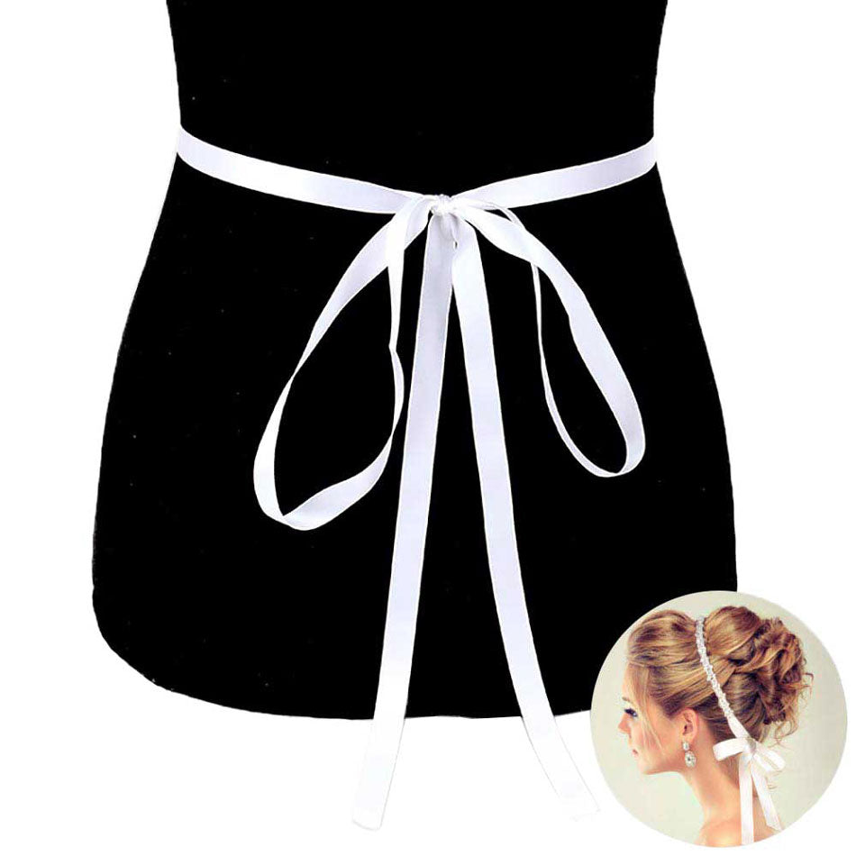 Silver Multi Stone Embellished Sash Ribbon Bridal Wedding Belt Headband, adding an exquisite detail to your wedding dress or tie it on your hair for a glamorous, beautiful self tie headband elevating your hairstyle on your super special day. Crystal applique is placed delicately on white organza ribbon, long enough to fit comfortably around your waist.