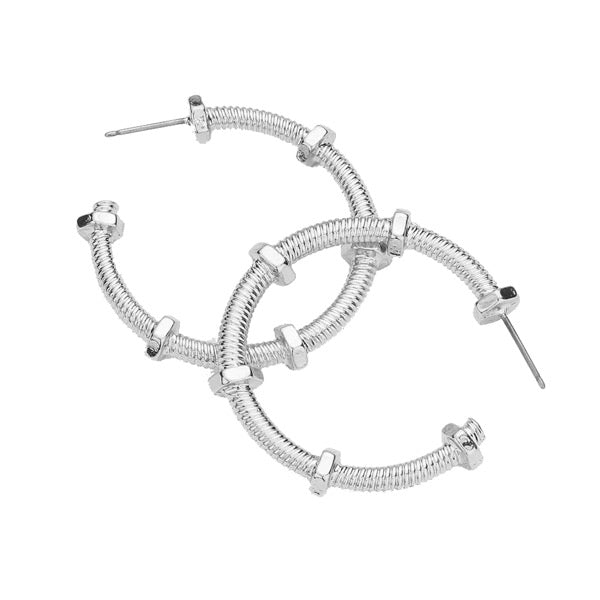 Silver Nuts & Bolt Abstract Metal Detailed Hoop Earrings Nuts & Bolt Earrings, adds beautiful glow & eye-catching style to any outfit, coordinate these earrings with any ensemble. Ideal for parties, special events, holidays. Perfect Gift for Birthdays, Anniversary, Mother's Day, Easter, Christmas, Valentines Day, Just Because