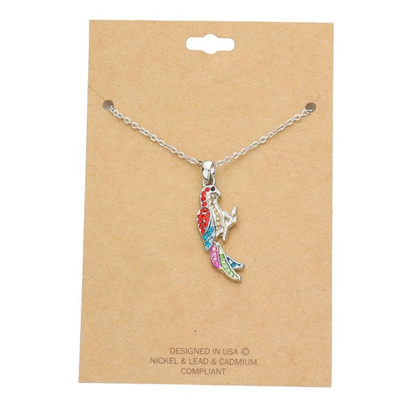 Silver Rhinestone Embellished Parrot Pendant Charm Rhinestone Necklace, ultra-chic Parrot pendant chain, the perfect balance of simplicity & edginess. Parrot pendant necklaces are fun, whimsical, perfectly lightweight for all-day wear, coordinate with any ensemble from business casual to everyday wear, Perfect Birthday Gift