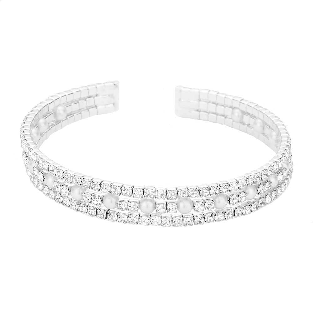 Silver Pearl Accented Split Rhinestone Cuff Evening Bracelet, The combination of rhinestone and Pearl adds a extra glow to your outfit. Pair these with tee and jeans and you are good to go. Jewelry that fits your lifestyle! It will be your new favorite go-to accessory. Perfect jewelry gift to expand a woman's fashion wardrobe with a classic, timeless style. Awesome gift for birthday, Anniversary, Valentine’s Day or any special occasion.