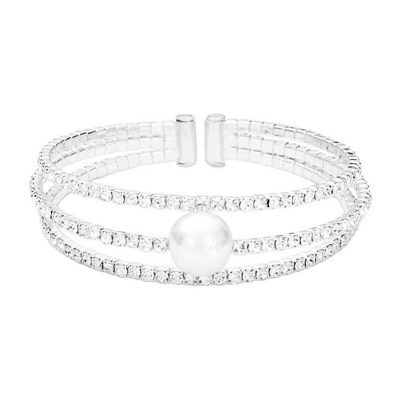 Silver Pearl Accented Split Rhinestone Evening Cuff Bracelet. These gorgeous rhinestone pieces will show your class in any special occasion. The elegance of these rhinestone goes unmatched, great for wearing at a party! Perfect jewelry to enhance your look. Awesome gift for birthday, Anniversary, Valentine’s Day or any special occasion.