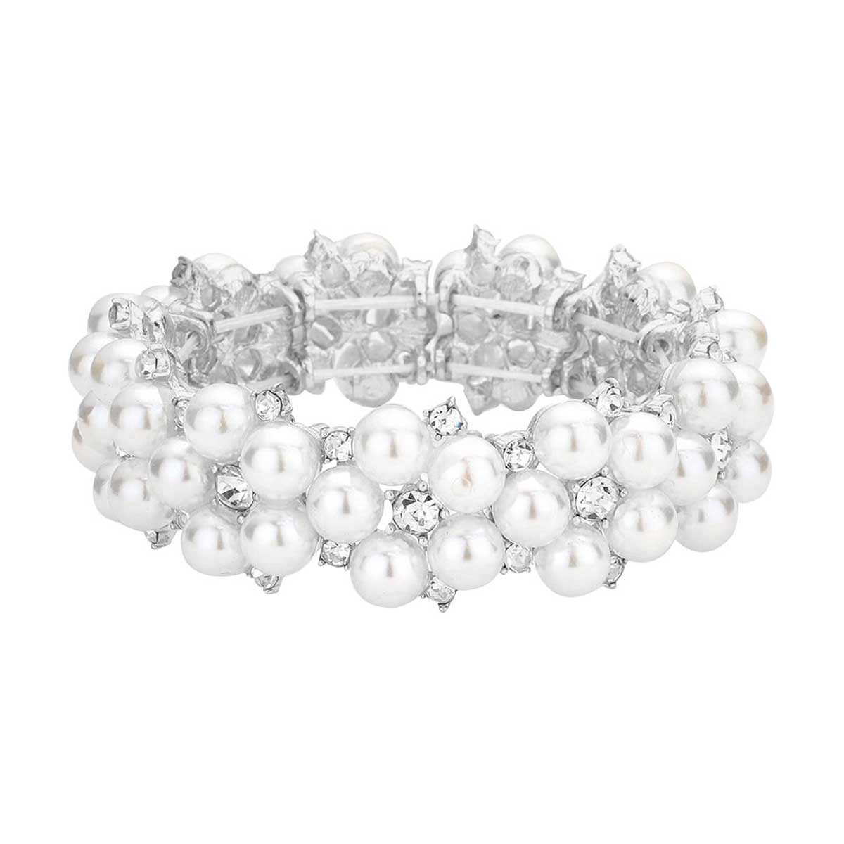 Silver Pearl Flower Cluster Link Stretch Bracelet, is the perfect reflection of absolute royalty and perfect class that will amp up your look and drags everyone's attention on special occasions. Show your confidence and trendy choice with this beauty and complete your ensemble with a luxurious look. Perfect for adding just the right amount of shimmer & shine and a touch of class to special events.
