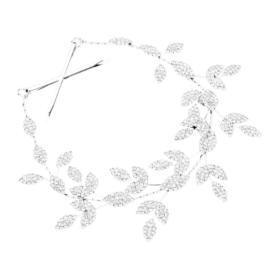Silver Rhinestone Embellished Leaf Cluster Vine Bun Wrap Headpiece. Perfect for adding just the right amount of shimmer & shine, will add a touch of class, beauty and style to your wedding, prom, special events, embellished glass crystal to keep your hair sparkling all day & all night long.