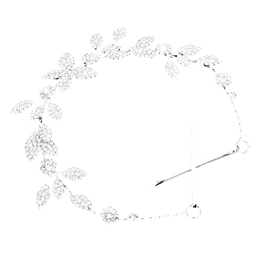 Silver Rhinestone Embellished Leaf Cluster Vine Bun Wrap Headpiece. Perfect for adding just the right amount of shimmer & shine, will add a touch of class, beauty and style to your wedding, prom, special events, embellished glass crystal to keep your hair sparkling all day & all night long