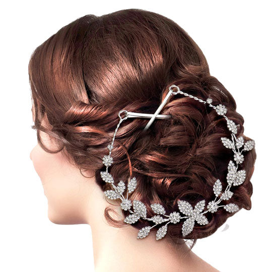 Silver Rhinestone Embellished Leaf Cluster Vine Bun Wrap Headpiece. Perfect for adding just the right amount of shimmer & shine, will add a touch of class, beauty and style to your wedding, prom, special events, embellished glass crystal to keep your hair sparkling all day & all night long