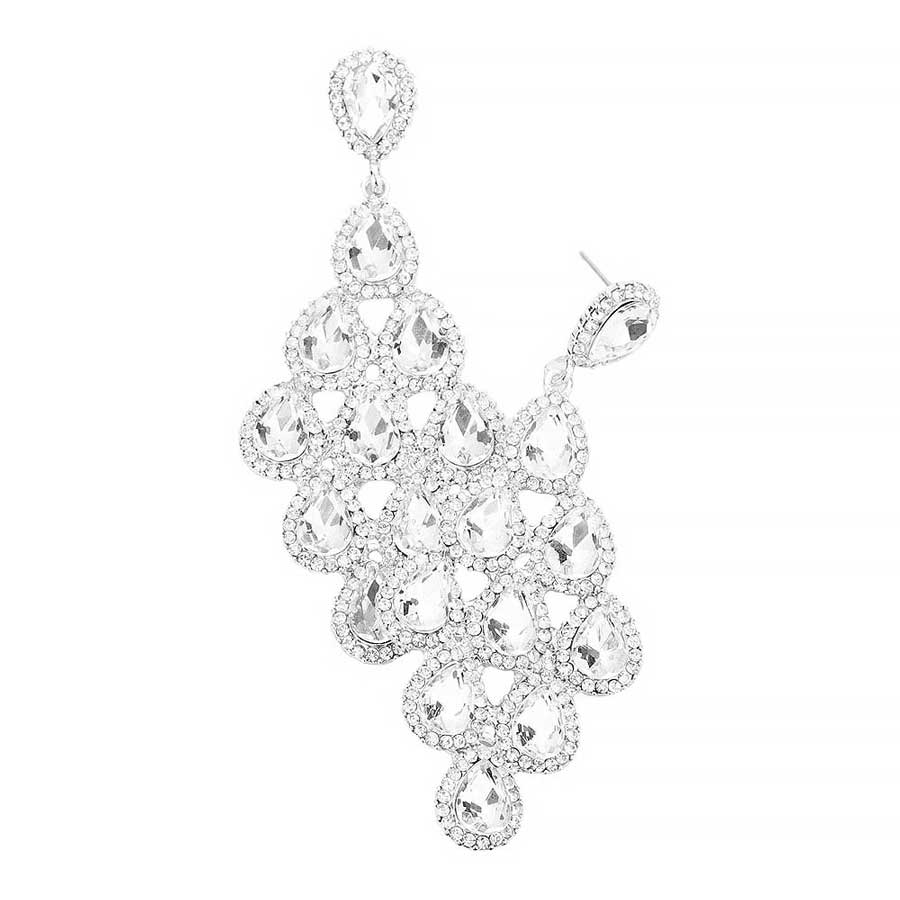Silver Rhinestone Trim Teardrop Cluster Vine Evening Earrings Marquise Special Occasion Earrings; ideal for parties, weddings, graduation, prom, quinceanera, holidays, pair these stud back earrings with any ensemble for a polished look. These earrings pair perfectly with any ensemble from business casual, to night out on the town or a black tie party