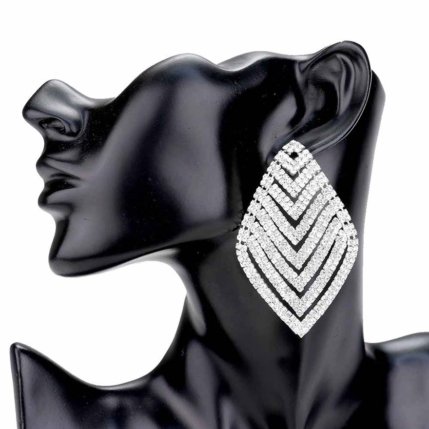 Silver Rhinestone V Shape Rhombus Evening Earrings, Elegance becomes your constant companion while wearing these shiny glamorous v-shaped Rhinestone earrings. The perfect sparkling jewelry to add the perfect amount of luxe to your next social or special occasion or event. Coordinate these evening earrings with any ensemble from business casual wear to make you stand out everywhere. Show off your absolute beauty with ultimate luxury.