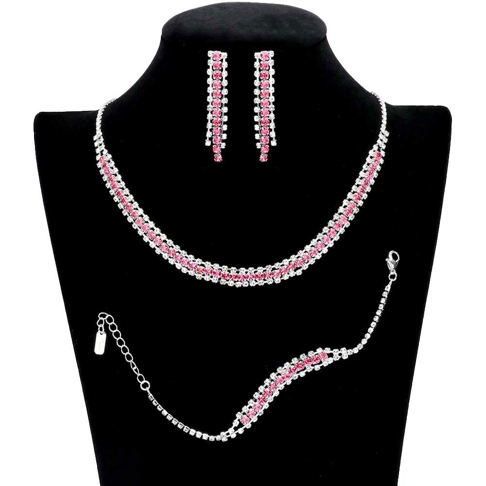 Silver Rose Gold 3PCS Rhinestone Necklace Jewelry Set. These Necklace jewelry sets are Elegant. Beautifully crafted design adds a gorgeous glow to any outfit. Jewelry that fits your lifestyle! Perfect Birthday Gift, Valentine's Gift, Anniversary Gift, Mother's Day Gift, Anniversary Gift, Graduation Gift, Prom Jewelry, Just Because Gift, Thank you Gift.