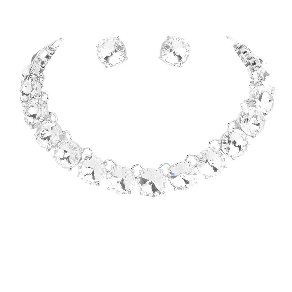 Silver Round Stone Link Evening Necklace, This gorgeous necklace jewelry set will show your class on any special occasion. The elegance of these stones goes unmatched, great for wearing at a party! Stunning jewelry set will sparkle all night long making you shine like a diamond on special occasions. Perfect jewelry to enhance your look and for wearing at parties, weddings, date nights, or any special event.