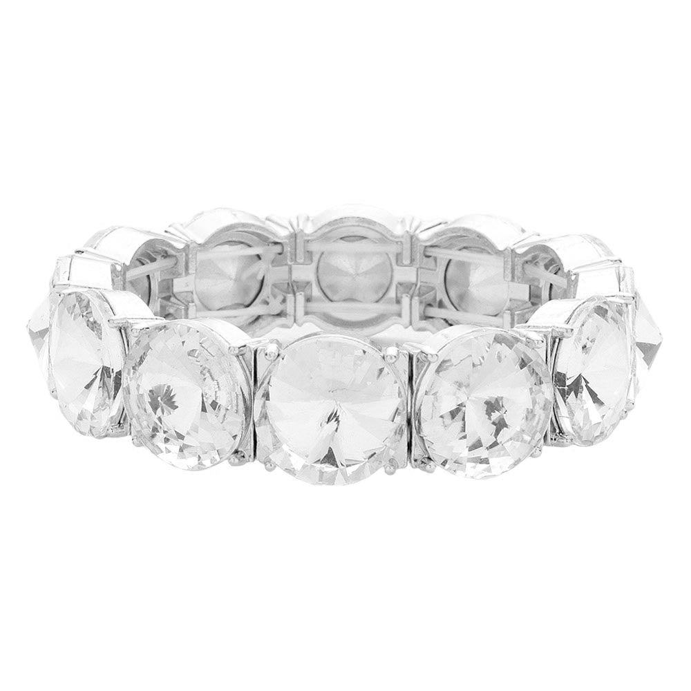 Silver Round Stone Stretch Evening Bracelet, These gorgeous stone pieces will show your class on any special occasion. Eye-catching sparkle, the sophisticated look you have been craving for! This Stone evening bracelet sparkles all around with its surrounding round stones, the stylish stretch bracelet that is easy to put on, and take off, and comfortable to wear. It looks so pretty, bright, and elegant on any special occasion.