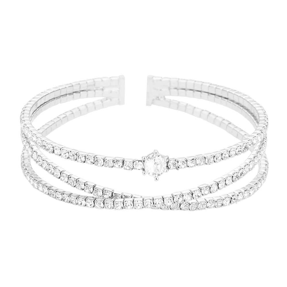 Silver Stone Accented Split Rhinestone Cuff Evening Bracelet, This Cuff bracelet sparkles all around with it's surrounding round Rhinestone, Stylish evening bracelet that is easy to put on, take off and comfortable to wear. Perfect jewelry gift to expand a woman's fashion wardrobe with a classic, timeless style. Awesome gift for birthday, Anniversary, Valentine’s Day or any special occasion.