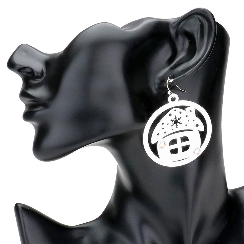 Silver Stone Embellished Cut Out Christmas House Brass Metal Round Dangle Earrings. Beautifully crafted design adds a gorgeous glow to any outfit. Jewelry that fits your lifestyle! Perfect Birthday Gift, Anniversary Gift, Mother's Day Gift, Anniversary Gift, Graduation Gift, Prom Jewelry, Just Because Gift, Thank you Gift