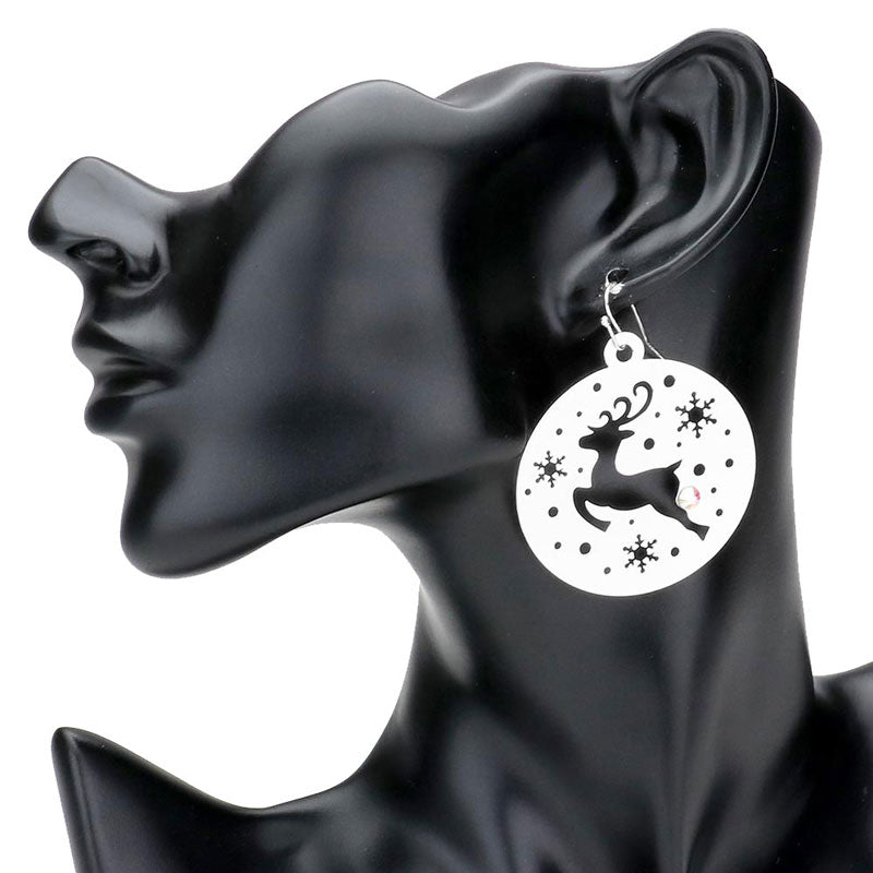 Silver Stone Embellished Cut Out Rudolph Brass Metal Round Dangle Earrings. Beautifully crafted design adds a gorgeous glow to any outfit. Jewelry that fits your lifestyle! Perfect Birthday Gift, Anniversary Gift, Mother's Day Gift, Anniversary Gift, Graduation Gift, Prom Jewelry, Just Because Gift, Thank you Gift.